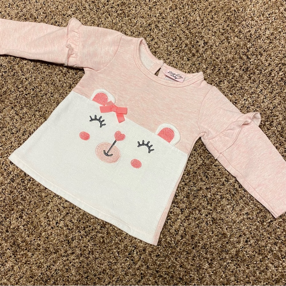 Little Lass Baby 18 months pink white Sweatshirt Ruffle sleeve Teddy Bea…